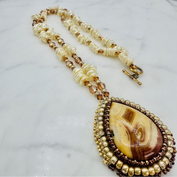 Vintage Stone Pendant Necklace Embroidery Bead Edge Leather Back 25” Long 70s - Picture 1 of 10
